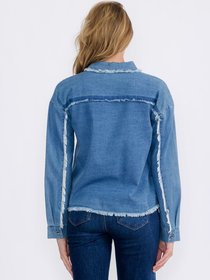 WOMEN'S LONG SLEEVE BUTTON CLOSURE TRIM DETAILED DENIM TOP