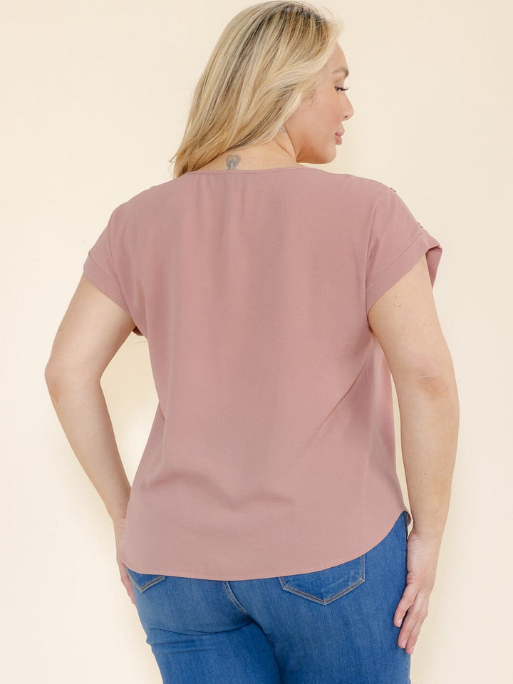 PLUS SIZE SHORT SLEEVE BUTTON DETAILED BLOUSE
