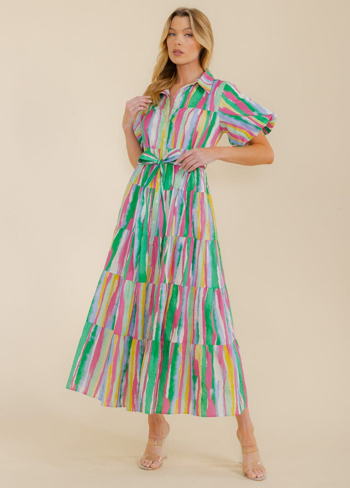 WOMEN'S SHORT SLEEVE BUTTON UP TIERED COLORBLOCK MAXI DRESS
