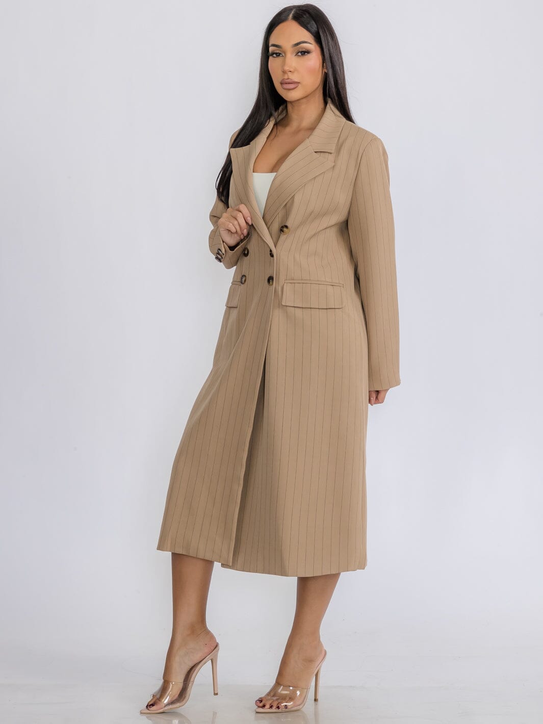 WOMEN'S LONG SLEEVE COAT & MIDI SKIRT STRIPES 2PC. SET