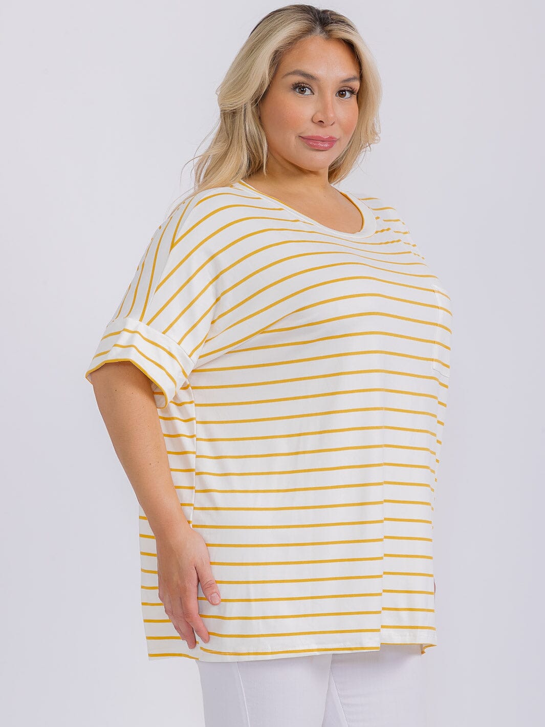 PLUS SIZE SHORT SLEEVE FRONT POCKET STRIPES COLORBLOCK TOP