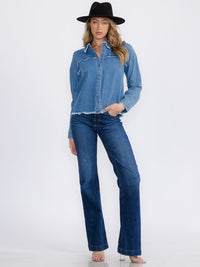 WOMEN'S LONG SLEEVE BUTTON CLOSURE TRIM DETAILED DENIM TOP