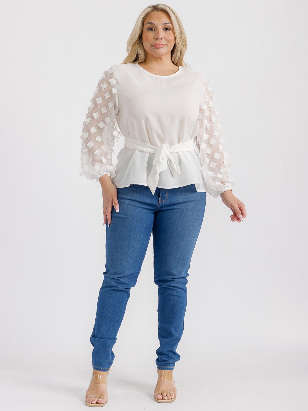 PLUS SIZE LONG DETAILED SLEEVES SELF TIE BLOUSE