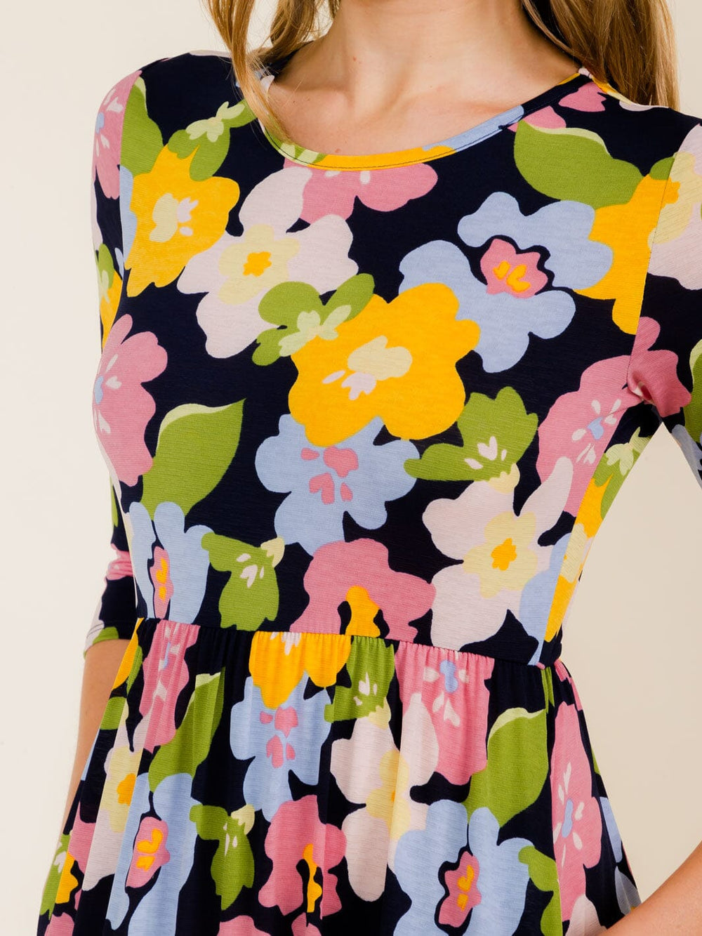 WOMEN'S 3/4 SLEEVE FRONT POCKETS FLOWER PRINT TUNIC MAXI DRESS