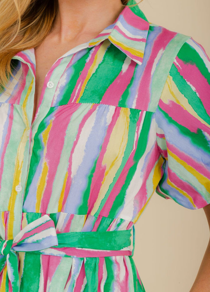 WOMEN'S SHORT SLEEVE BUTTON UP TIERED COLORBLOCK MAXI DRESS