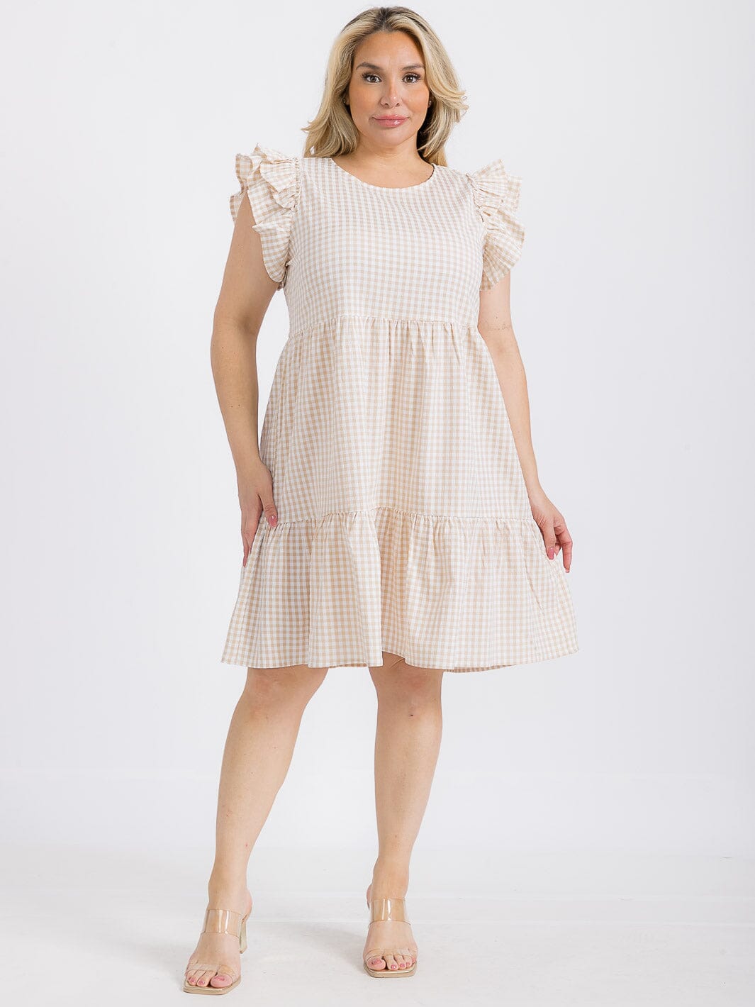 PLUS SIZE RUFFLE SLEEVE TIERED TUNIC PLAID MINI DRESS