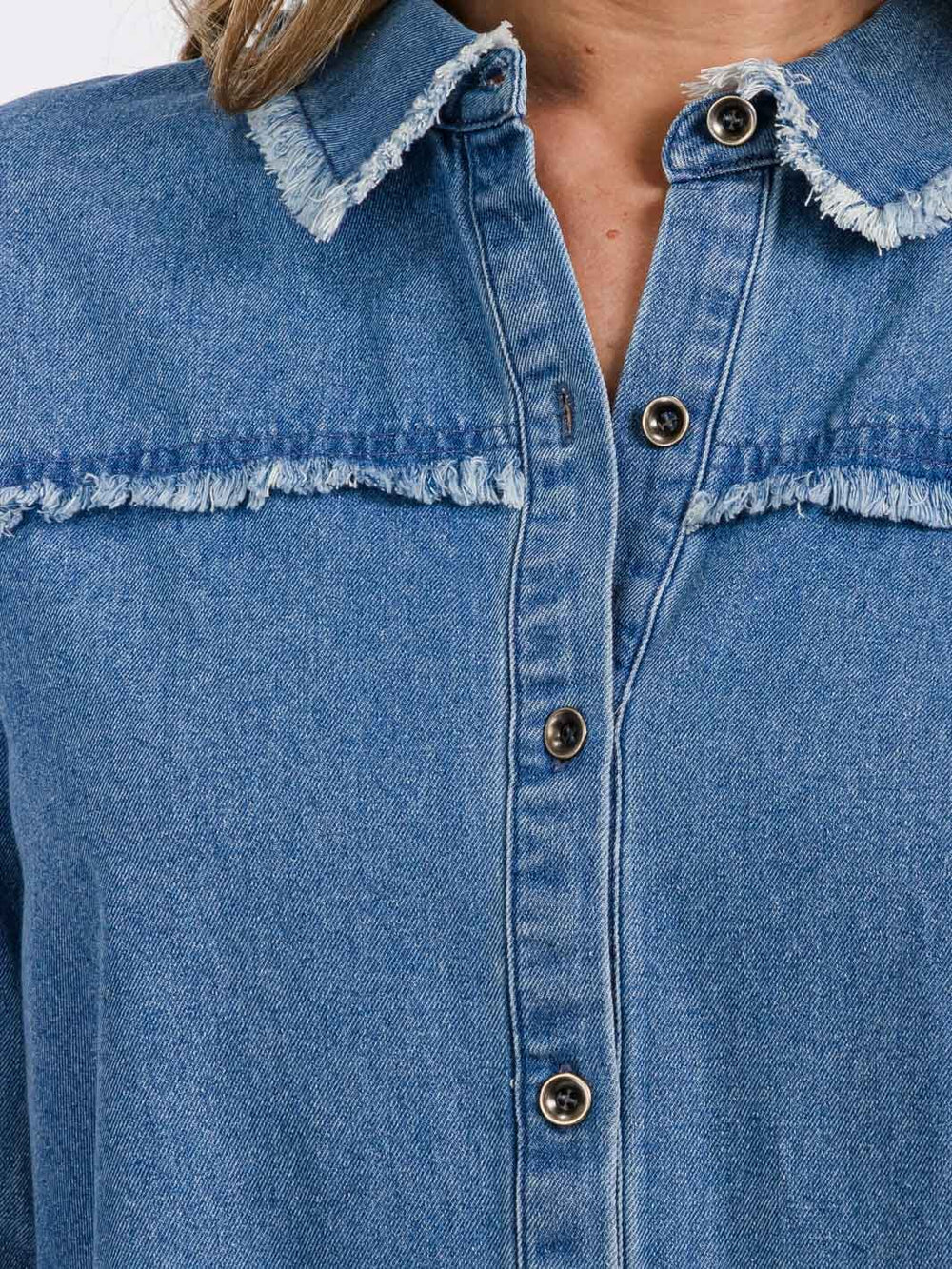 WOMEN'S LONG SLEEVE BUTTON CLOSURE TRIM DETAILED DENIM TOP