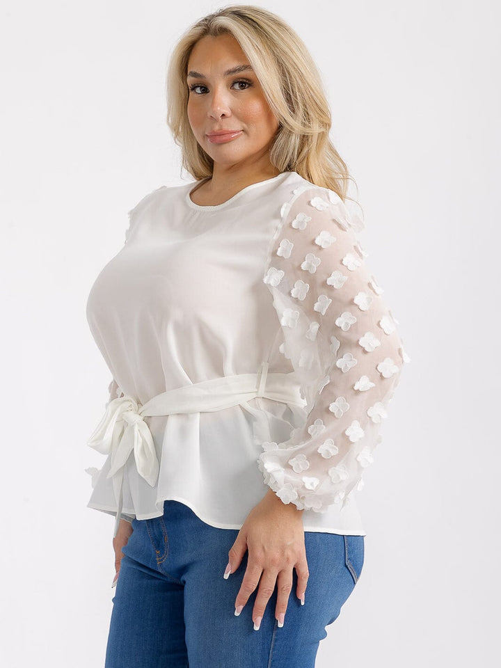 PLUS SIZE LONG DETAILED SLEEVES SELF TIE BLOUSE