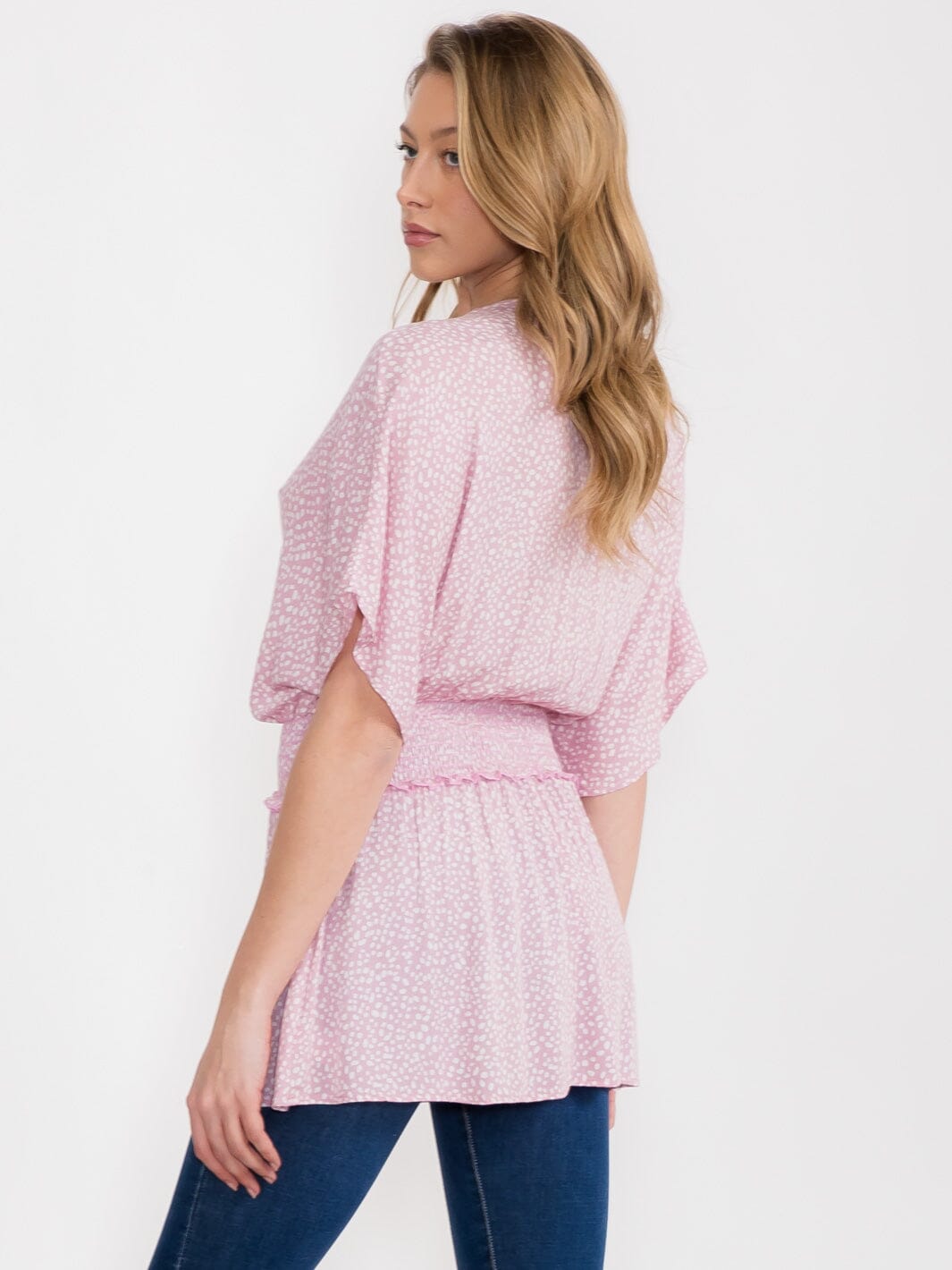 WOMEN'S SHORT SLEEVE V-NECK SMOCK WAIST TUNIC TOP