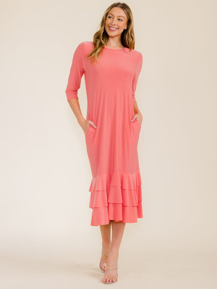 WOMEN'S 3/4 SLEEVE FRONT POCKETS TIERED RUFFLE BOTTOM HEM MAXI DRESS