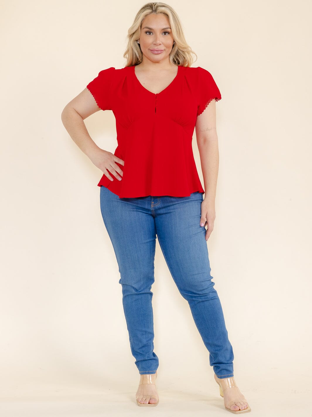 PLUS SIZE SHORT SLEEVE V-NECK BUTTON CLOSURE BLOUSE