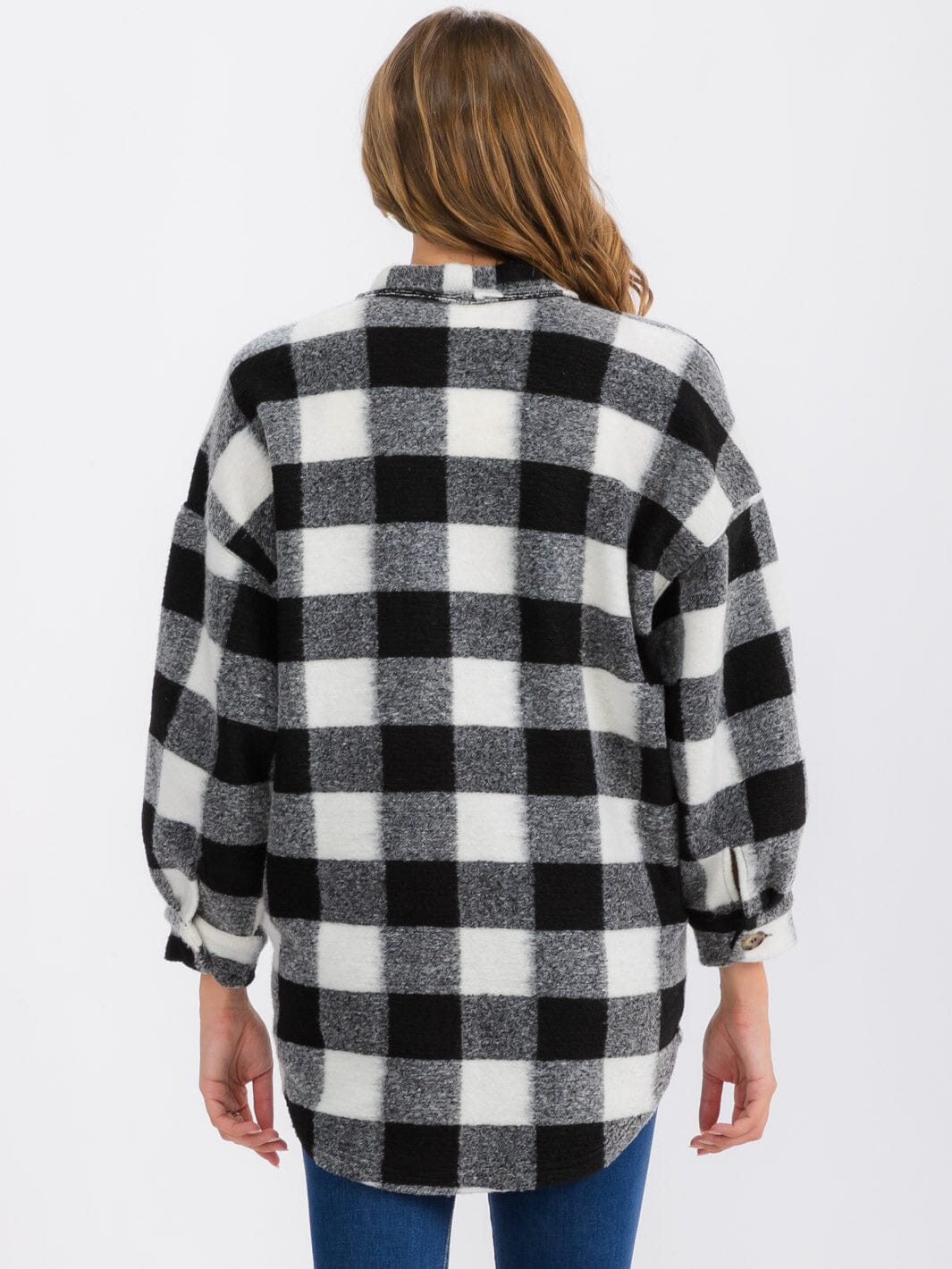 WOMEN'S LONG SLEEVE BUTTON CLOSURE FRONT POCKETS PLAID JACKET