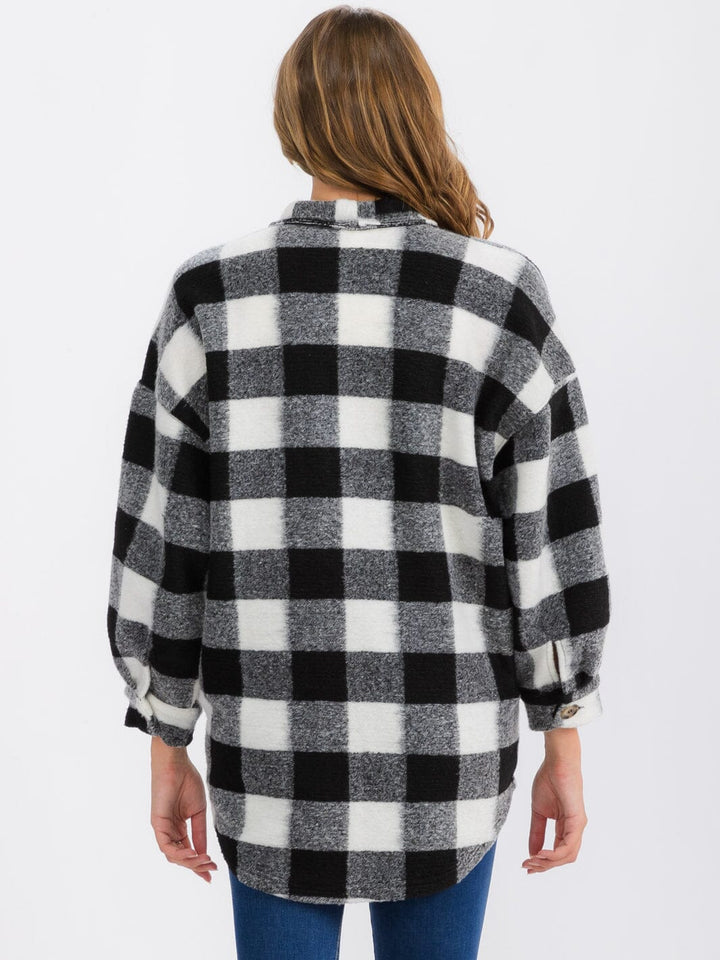 WOMEN'S LONG SLEEVE BUTTON CLOSURE FRONT POCKETS PLAID JACKET