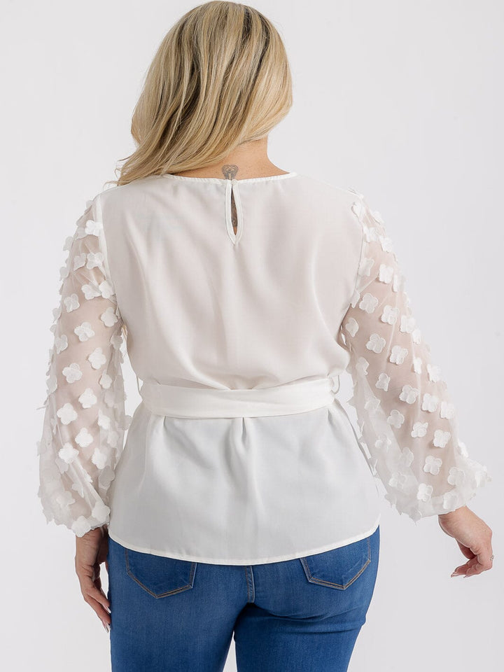 PLUS SIZE LONG DETAILED SLEEVES SELF TIE BLOUSE