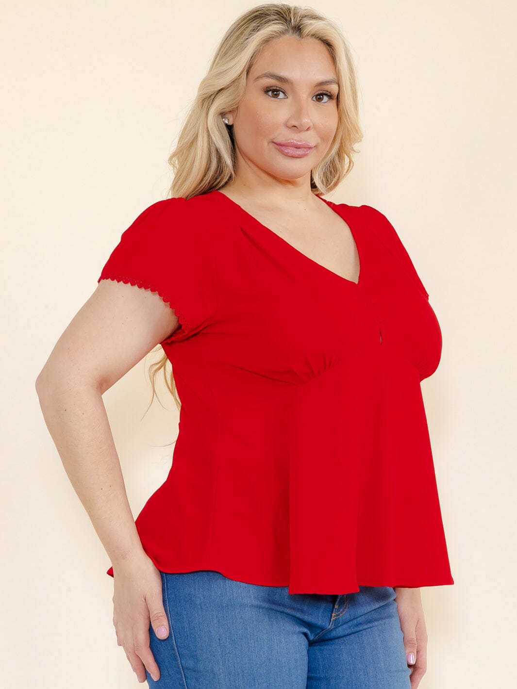 PLUS SIZE SHORT SLEEVE V-NECK BUTTON CLOSURE BLOUSE