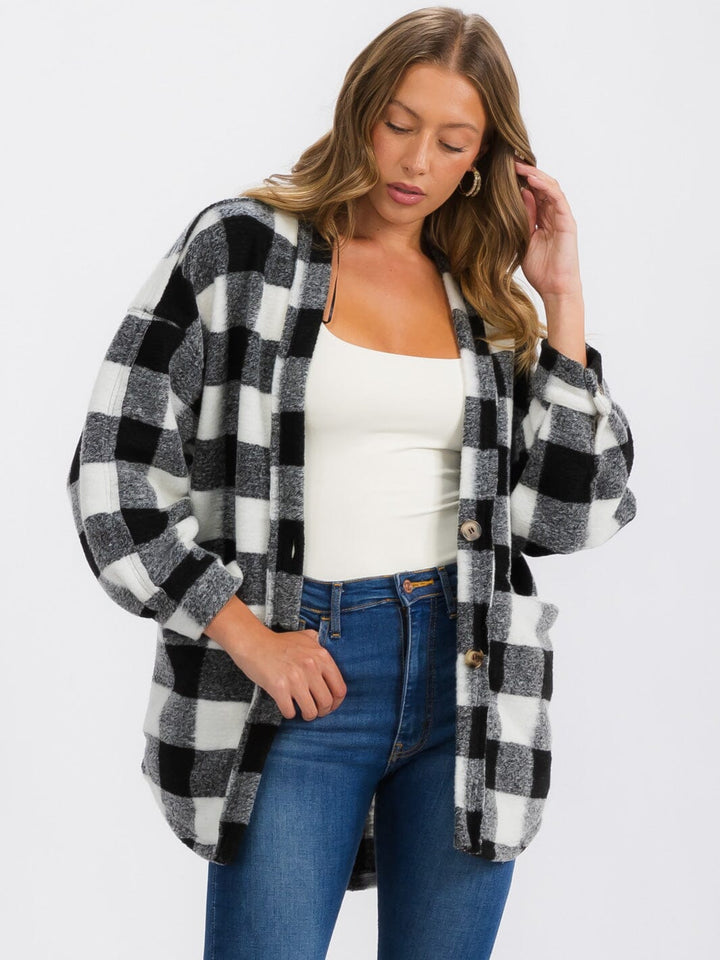 WOMEN'S LONG SLEEVE BUTTON CLOSURE FRONT POCKETS PLAID JACKET