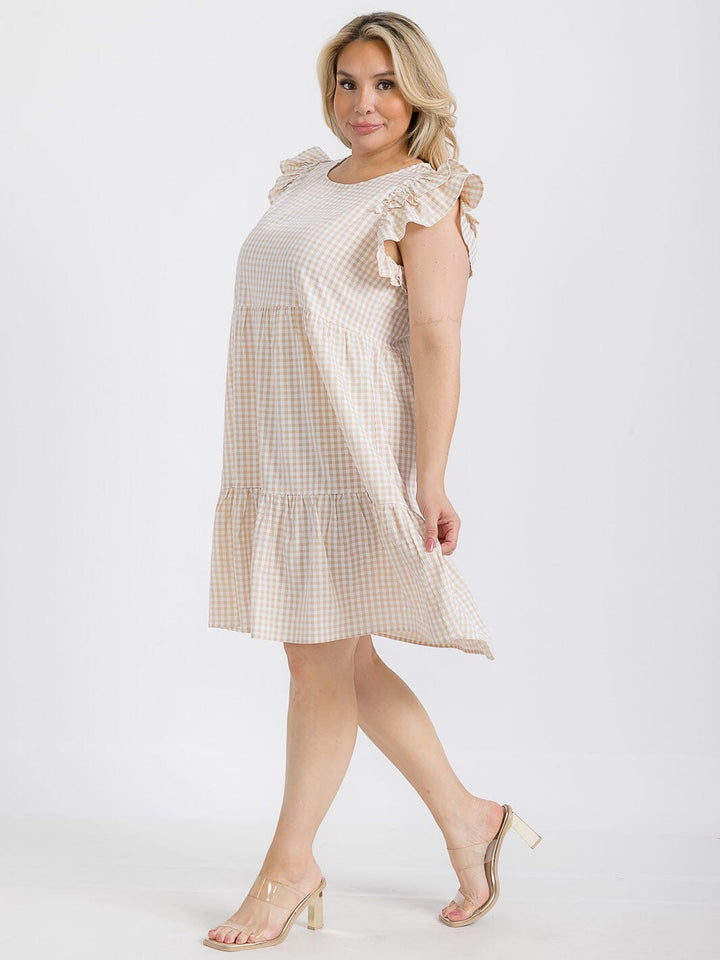PLUS SIZE RUFFLE SLEEVE TIERED TUNIC PLAID MINI DRESS