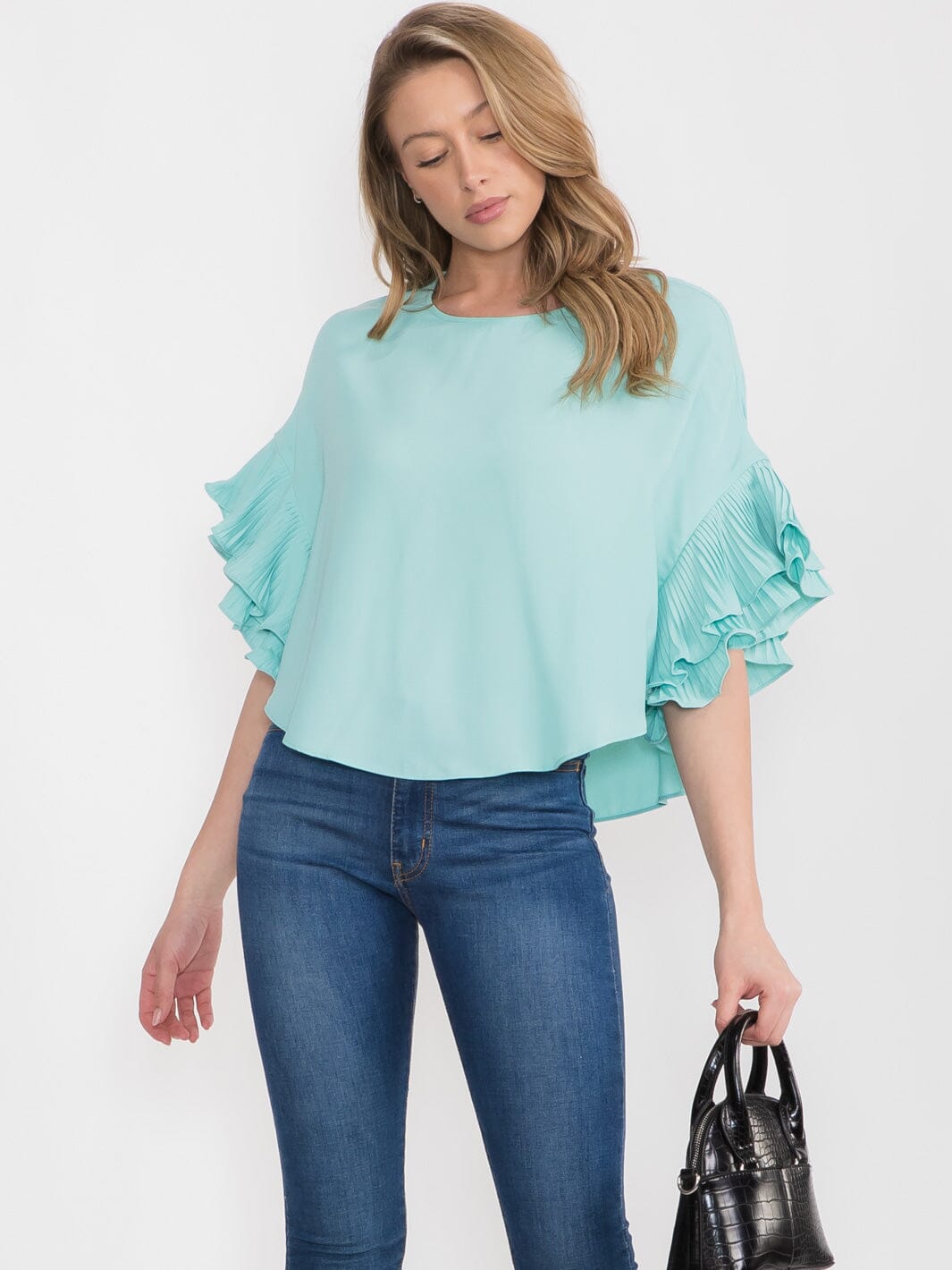WOMEN'S SHORT RUFFLE SLEEVE TUNIC BLOUSE