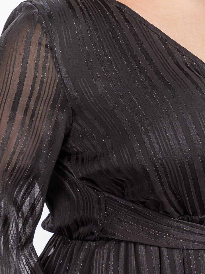 PLUS SIZE LONG SLEEVE SURPLICE SELF TIE SHIMMER MAXI DRESS