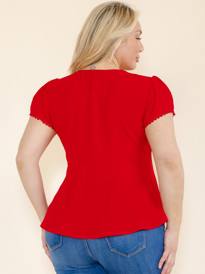 PLUS SIZE SHORT SLEEVE V-NECK BUTTON CLOSURE BLOUSE