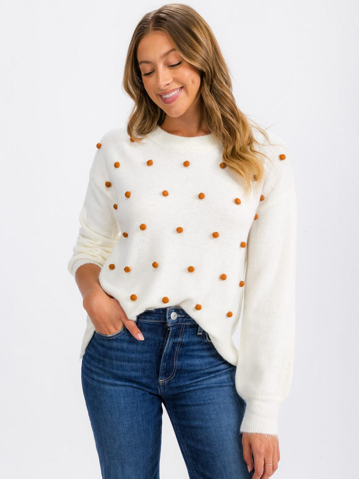 WOMEN'S LONG SLEEVE POM POM DETAILED PULLOVER SWEATER