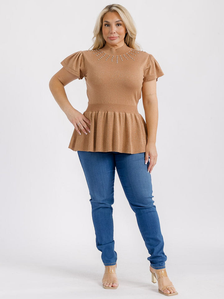 PLUS SIZE SHORT SLEEVES MOCK NECK ELASTIC WAIST STUDS SHIMMER PEPLUM BLOUSE