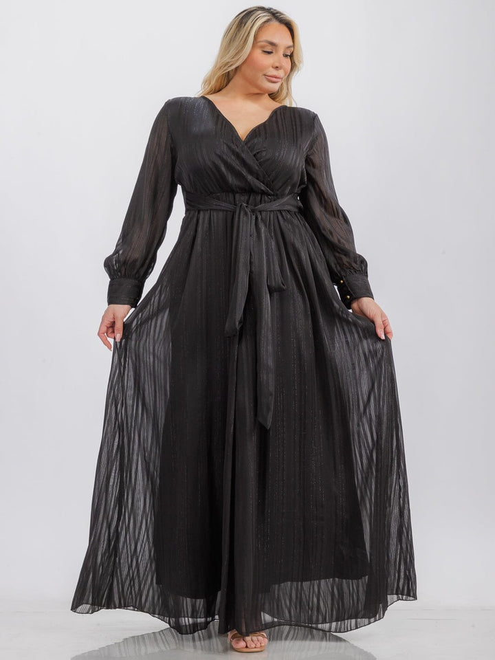 PLUS SIZE LONG SLEEVE SURPLICE SELF TIE SHIMMER MAXI DRESS