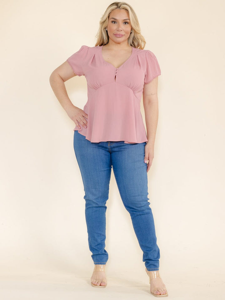 PLUS SIZE SHORT SLEEVE V-NECK BUTTON CLOSURE BLOUSE