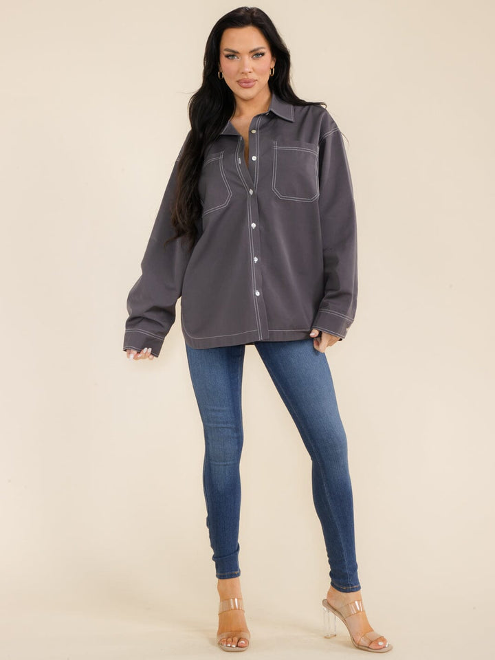 WOMEN'S LONG SLEEVE BUTTON CLOSURE FRONT POCKETS UTILITY JACKET