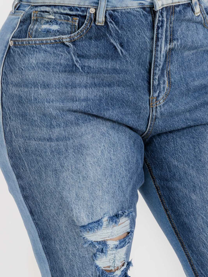 PLUS SIZE BUTTON CLOSURE POCKETS WIDE LEG DISTRESS DENIM PANTS