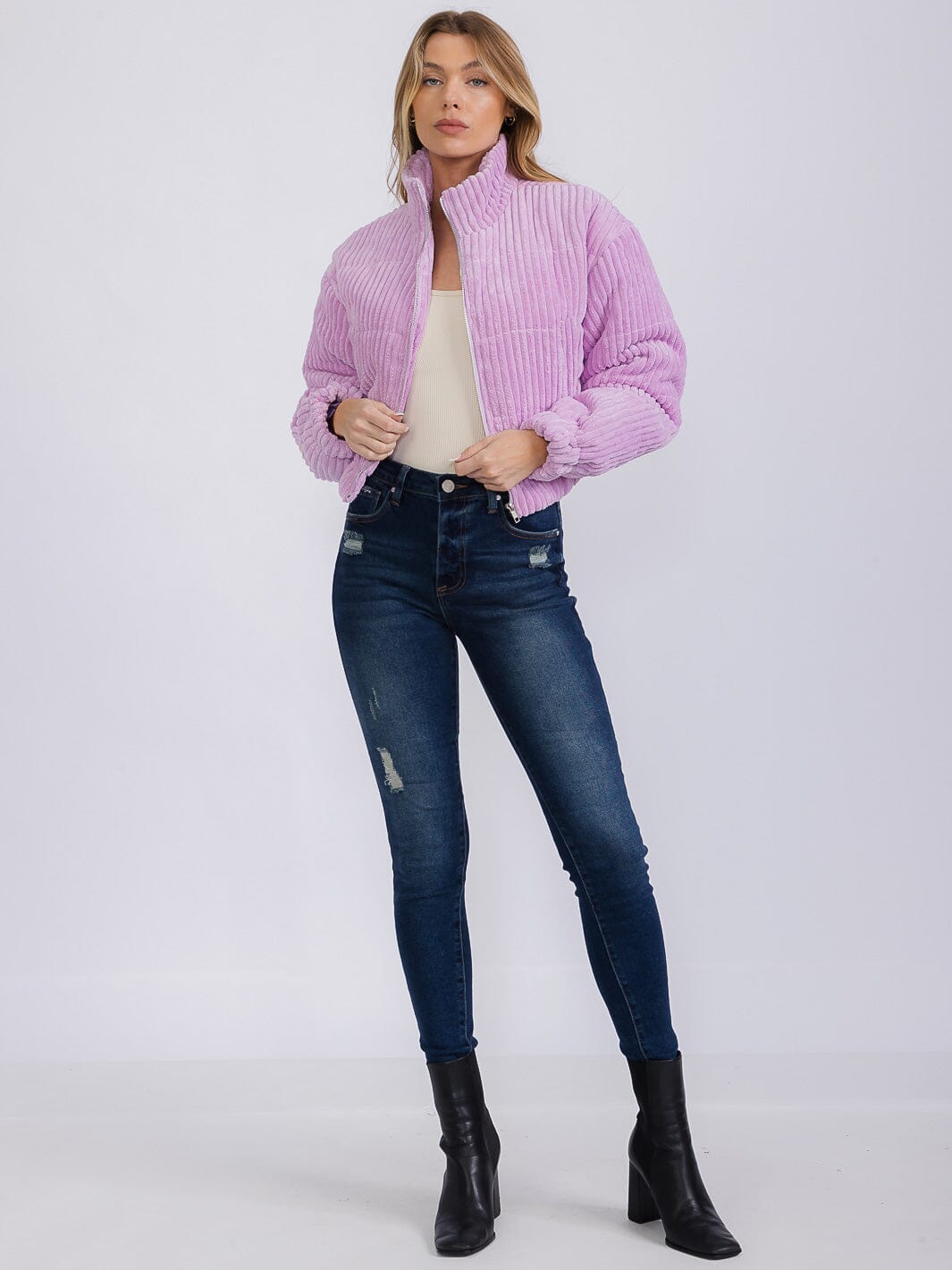 WOMEN'S LONG SLEEVE ZIP UP FRONT POCKETS CORDUROY JACKET