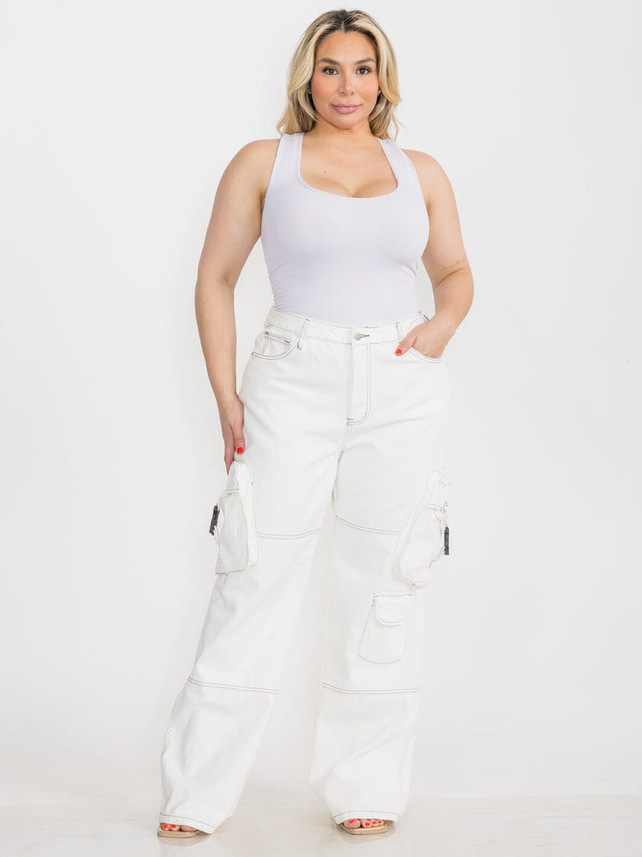 PLUS SIZE BUTTON CLOSURE POCKETS WIDE LEG DENIM PANTS