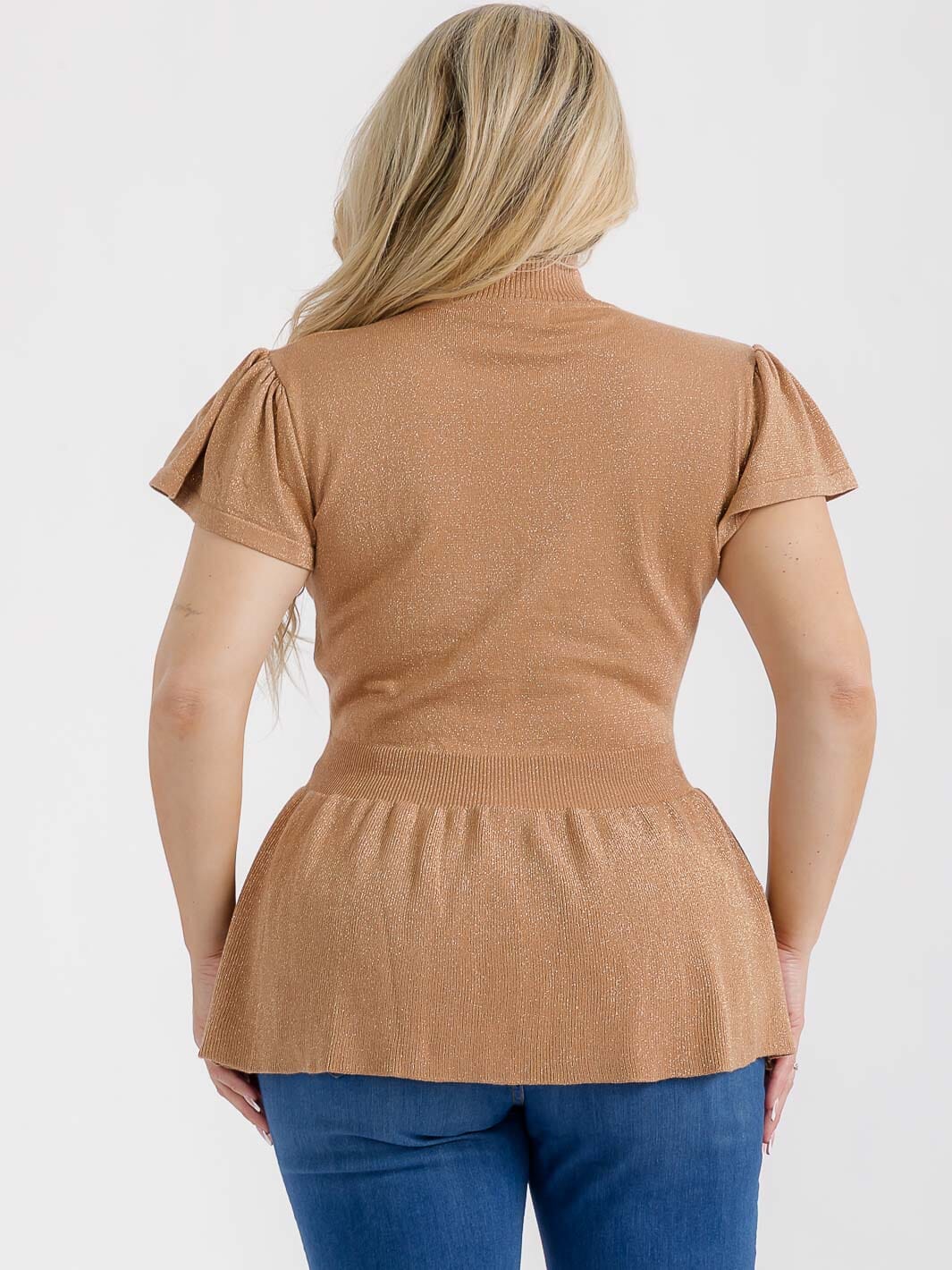 PLUS SIZE SHORT SLEEVES MOCK NECK ELASTIC WAIST STUDS SHIMMER PEPLUM BLOUSE