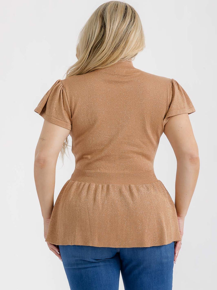 PLUS SIZE SHORT SLEEVES MOCK NECK ELASTIC WAIST STUDS SHIMMER PEPLUM BLOUSE