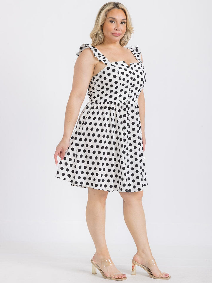 PLUS SIZE SLEEVELESS BUTTON UP POLKA DOTS FIT & FLARE MINI DRESS