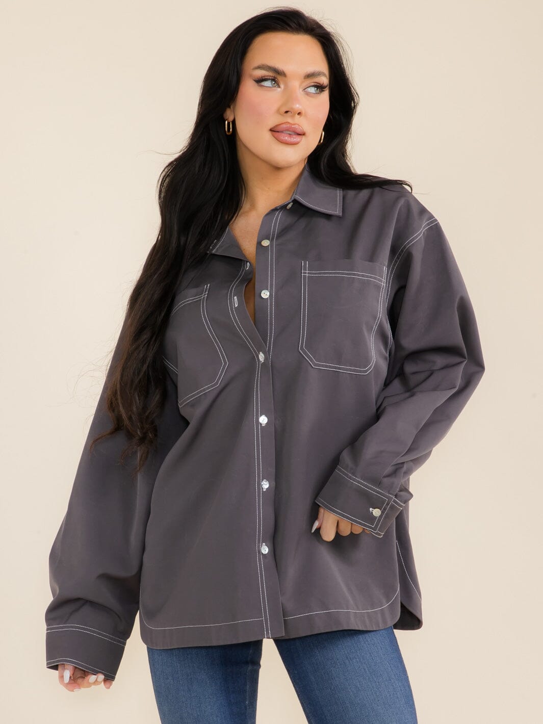 WOMEN'S LONG SLEEVE BUTTON CLOSURE FRONT POCKETS UTILITY JACKET