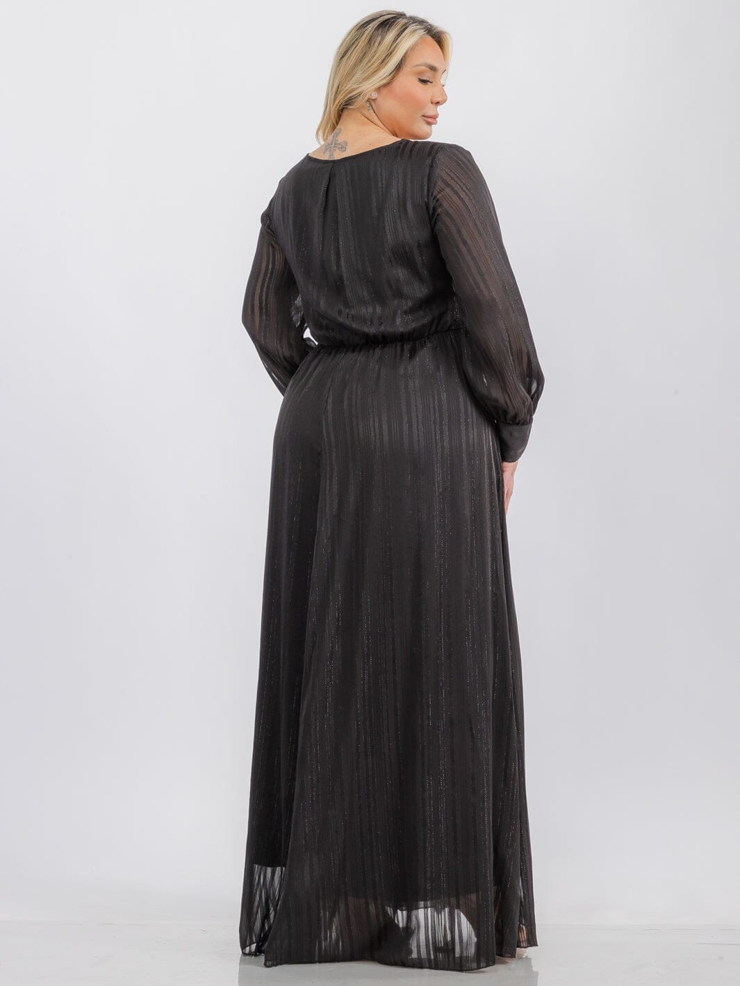 PLUS SIZE LONG SLEEVE SURPLICE SELF TIE SHIMMER MAXI DRESS