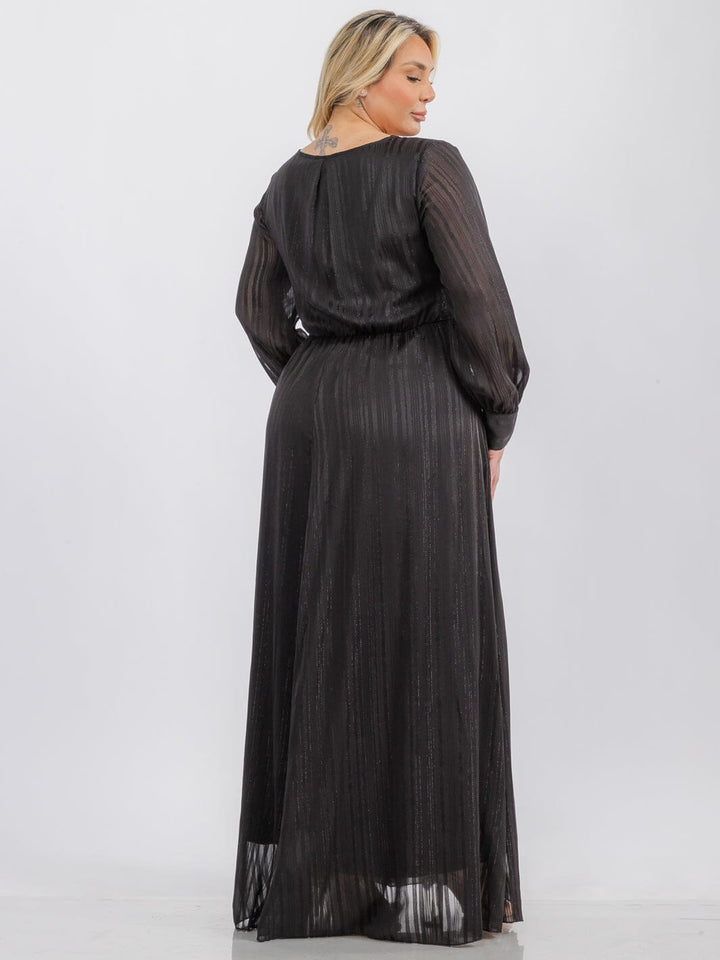 PLUS SIZE LONG SLEEVE SURPLICE SELF TIE SHIMMER MAXI DRESS