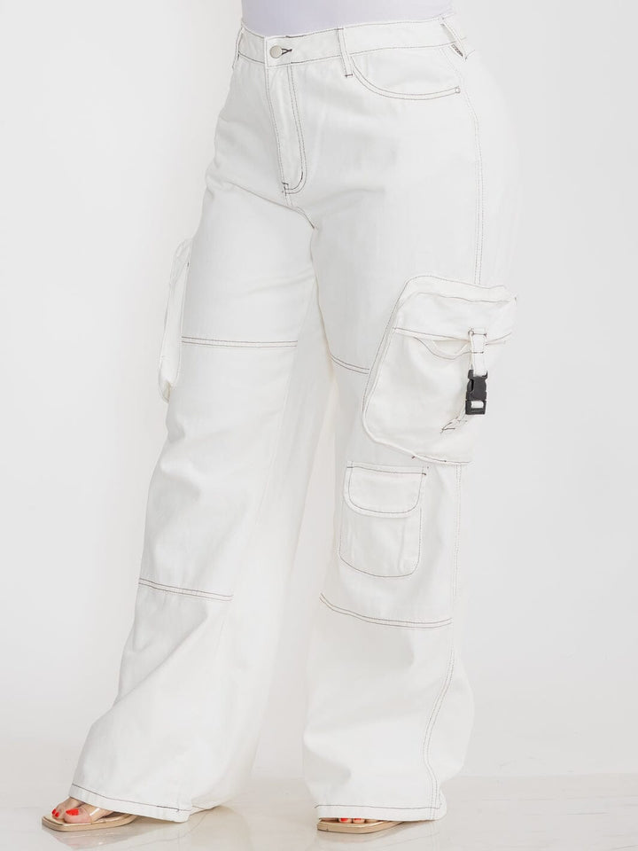 PLUS SIZE BUTTON CLOSURE POCKETS WIDE LEG DENIM PANTS