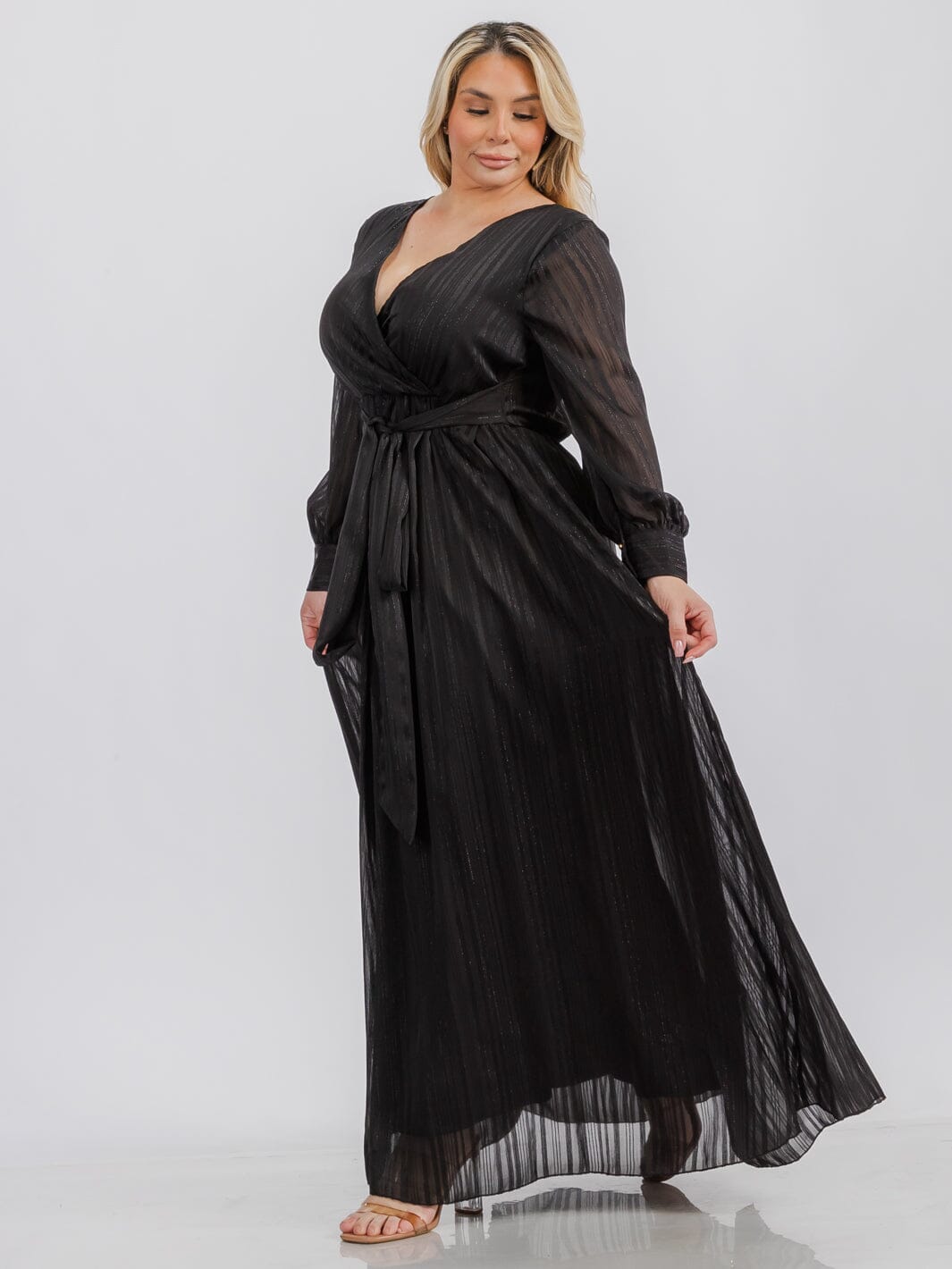 PLUS SIZE LONG SLEEVE SURPLICE SELF TIE SHIMMER MAXI DRESS