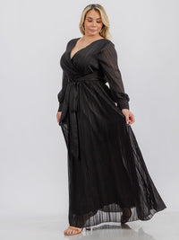 PLUS SIZE LONG SLEEVE SURPLICE SELF TIE SHIMMER MAXI DRESS