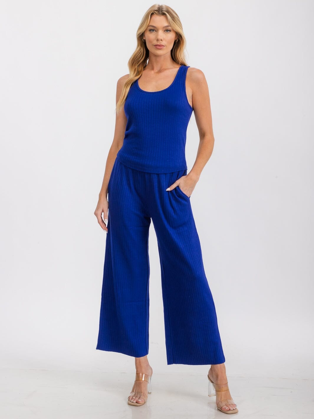 WOMEN'S SLEEVELESS TANK TOP & ELASTIC WAIST PANTS RIBBED 2PC SET