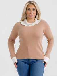 PLUS SIZE LONG SLEEVES RUFFLE COLLAR DETAILED RIBBED TOP