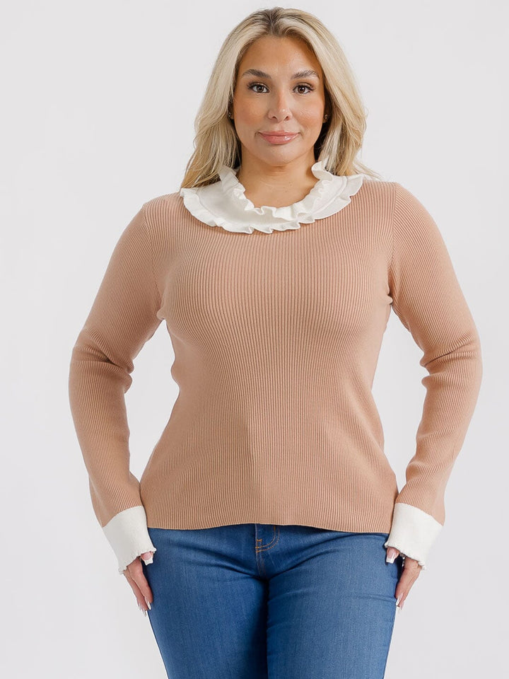 PLUS SIZE LONG SLEEVES RUFFLE COLLAR DETAILED RIBBED TOP
