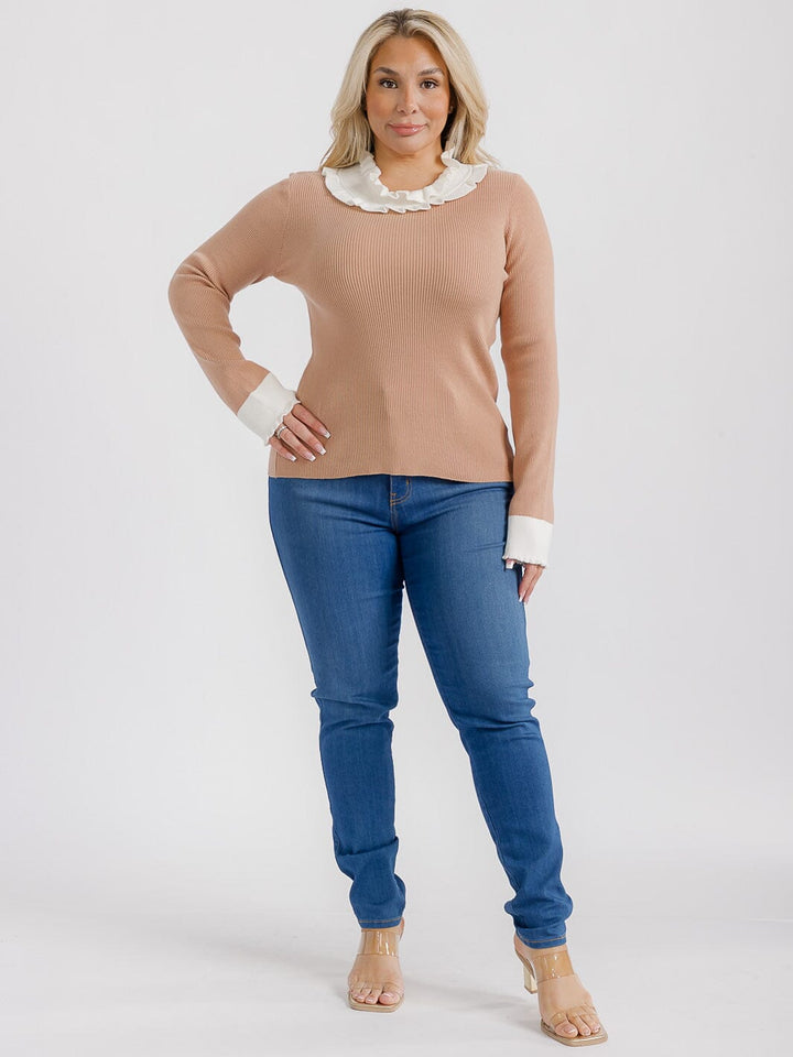 PLUS SIZE LONG SLEEVES RUFFLE COLLAR DETAILED RIBBED TOP