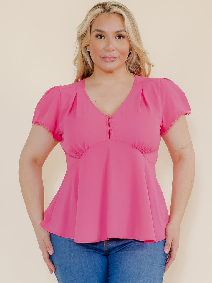 PLUS SIZE SHORT SLEEVE V-NECK BUTTON CLOSURE BLOUSE