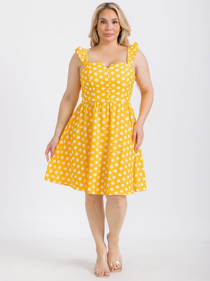 PLUS SIZE SLEEVELESS BUTTON UP POLKA DOTS FIT & FLARE MINI DRESS