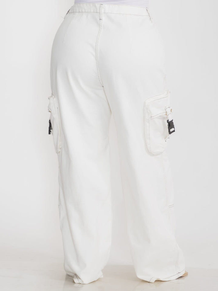 PLUS SIZE BUTTON CLOSURE POCKETS WIDE LEG DENIM PANTS