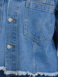 WOMEN'S LONG SLEEVE BUTTON UP FRONT POCKET RAW EDGE DENIM JACKET