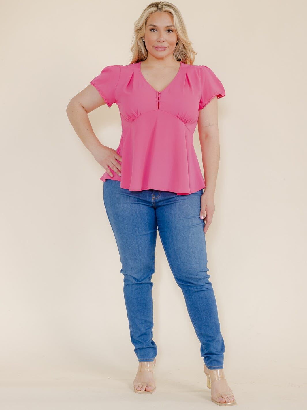 PLUS SIZE SHORT SLEEVE V-NECK BUTTON CLOSURE BLOUSE